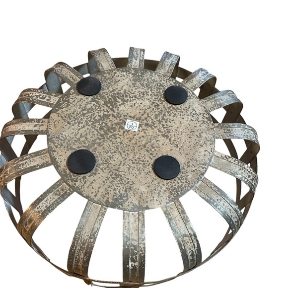 Washed Galvanized Metal Strip-Woven Look Basket withWooden Handles-Country - Picture 3 of 6